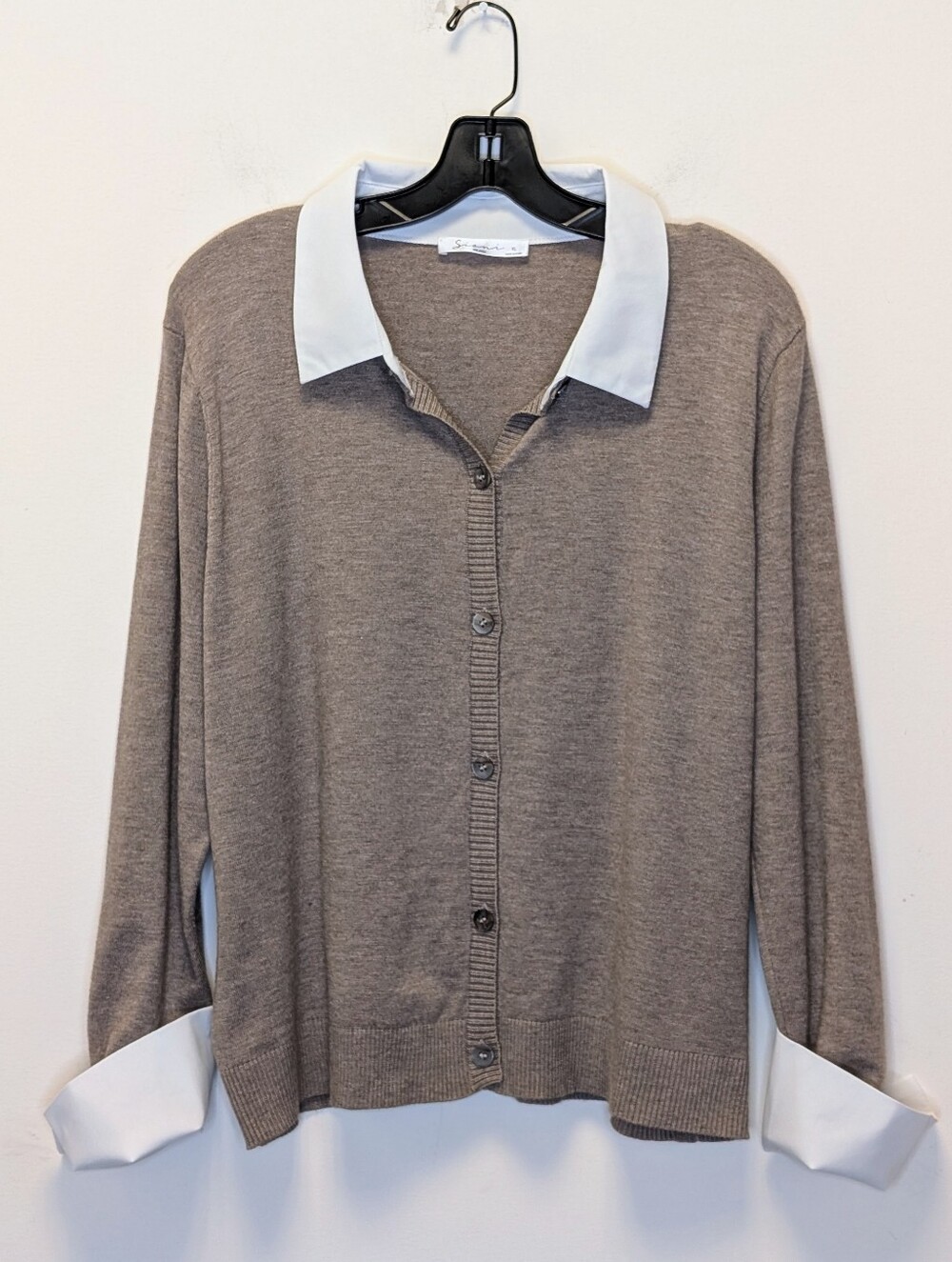 Sioni Milano Layered Look Button Front Cardigan Sweater Taupe Ivory XL